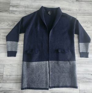 Lumière Navy Long Open Cardigan with Heather Gray Accents